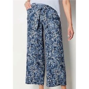 JJILL Floral Wide Leg Cropped Pants Womens XL Tall Blue White Tie Waist